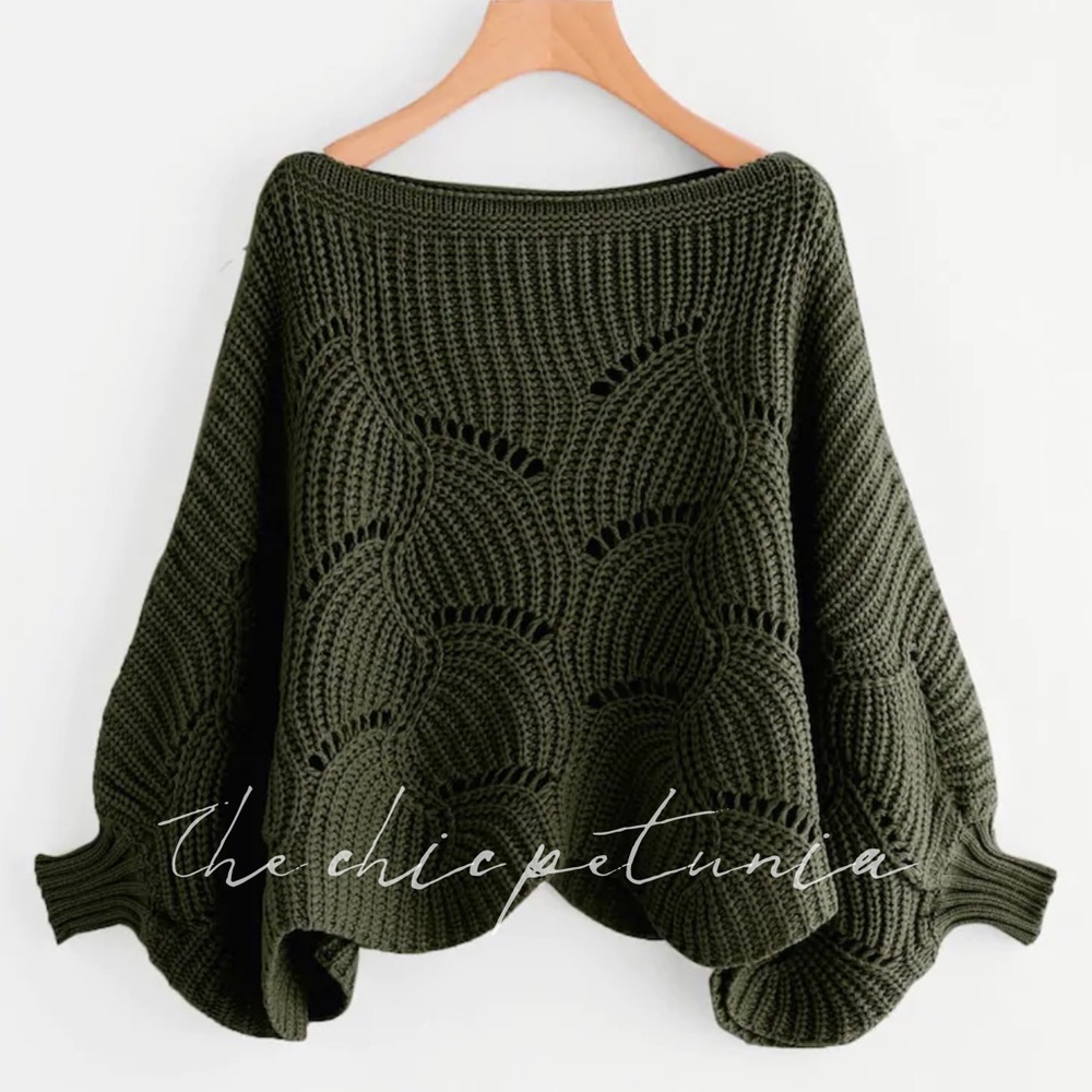 PLUS Army green Dolman sleeve scallop hem sweater - Picture 2 of 4